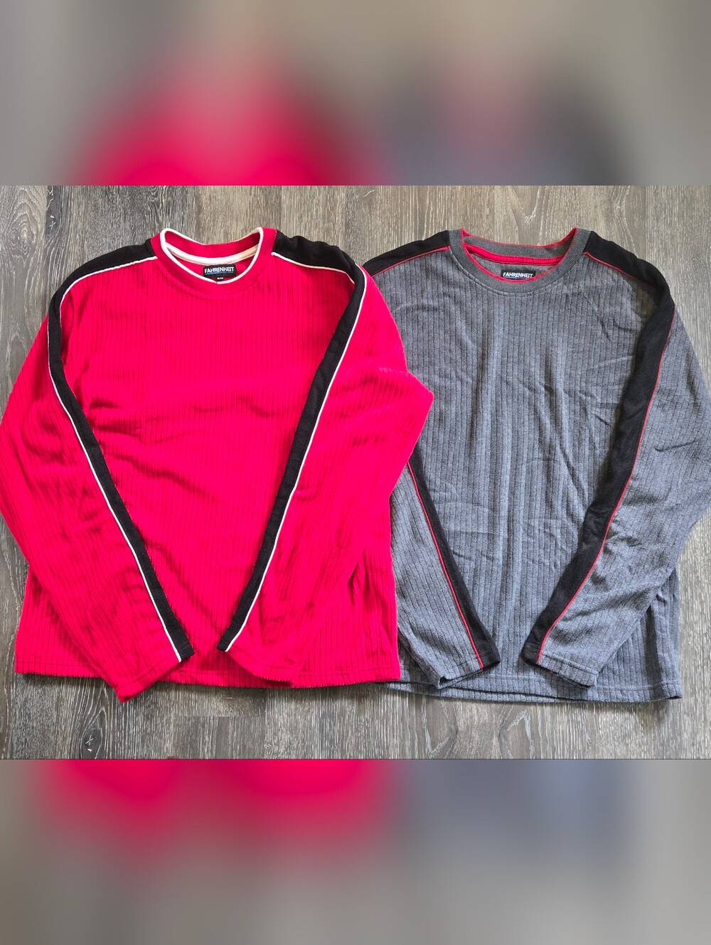 Vintage Y2K FAHRENHEIT Ribbed Long Sleeve Tee - Red & Gray - Set Of 2